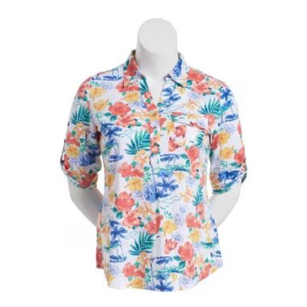 Emily Daniels Elbow Tab Sleeve Tropical Knit Polo Floral Print Size XL